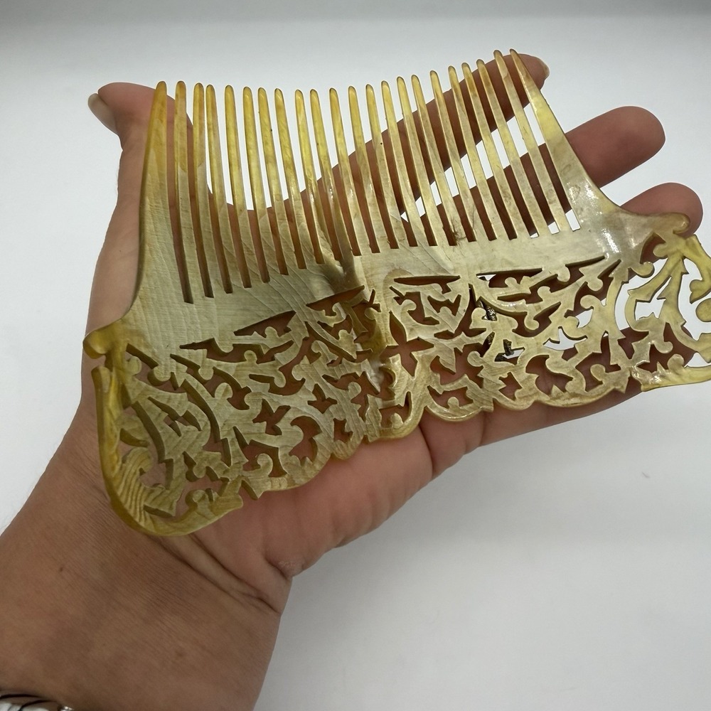 Vintage Art Deco Hair Comb Celluloid Yellow Blonde Ornate Enormous